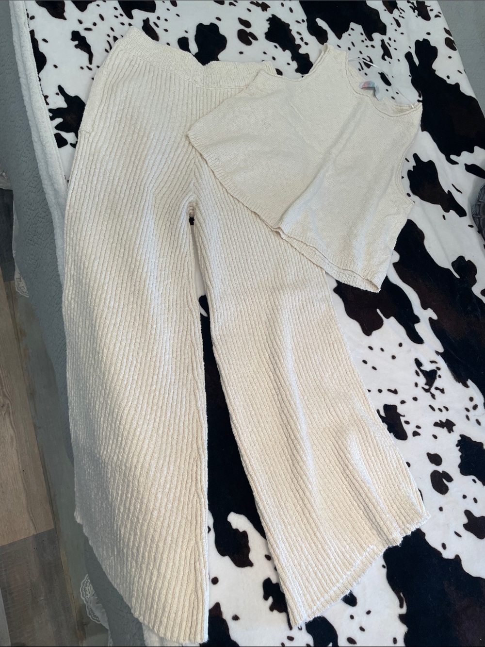 Free People Cream Ribbed Knit Boot Cut Pants